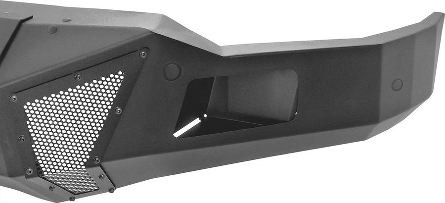 Go Rhino BR11 Front Winch Bumper: Close view of a textured black front bumper end with mesh insert and fog light opening