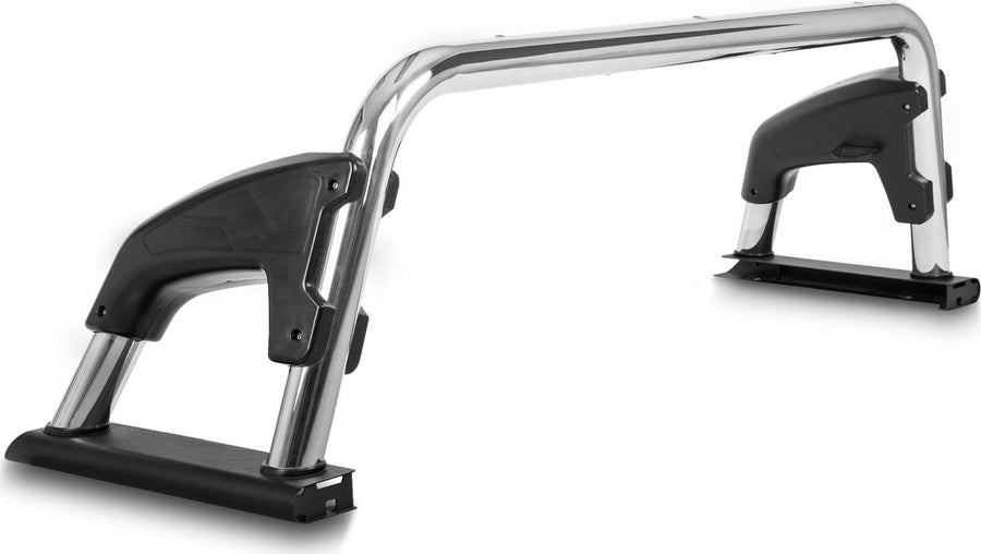 Go Rhino Sport Bar 4.0: Polished stainless sport bar with black sculpted side mounts on a white background