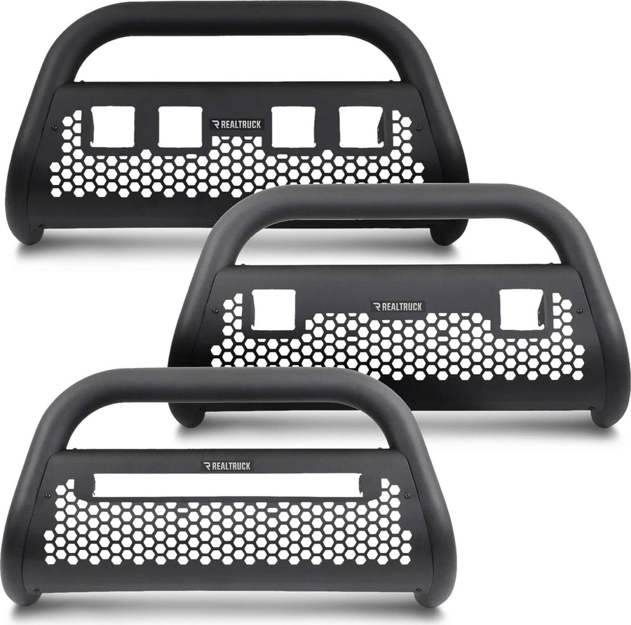 Go Rhino Charger RC2 LR Bull Bars: Three textured black bull bars with different light cut-out patterns on white
