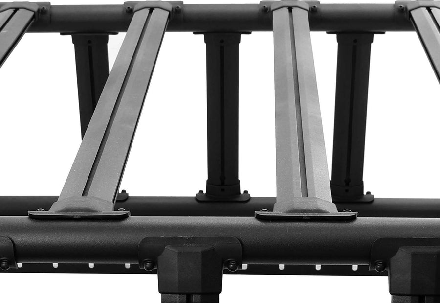 Go Rhino XRS Overland Xtreme Bed Rack: Close-up of black bed rack crossbars and uprights