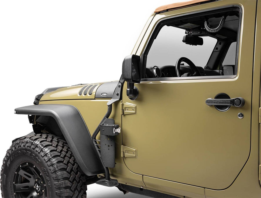 Go Rhino Exterior Jack Mount: Empty black jack mount bolted beside the front door of an olive Jeep Wrangler