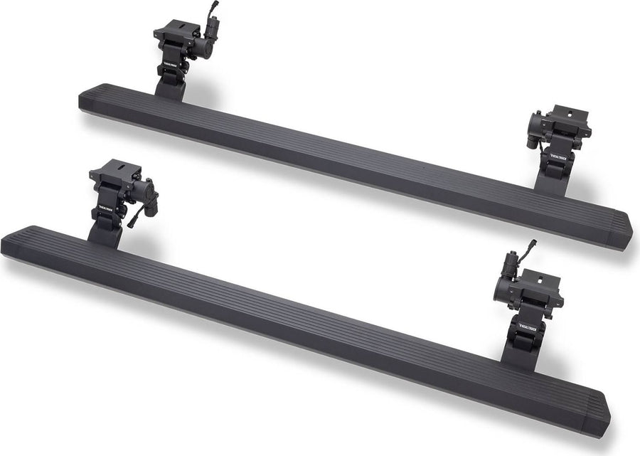 Go Rhino VoltStep Electric Running Boards: Pair of black power running boards with motorized brackets on a white background