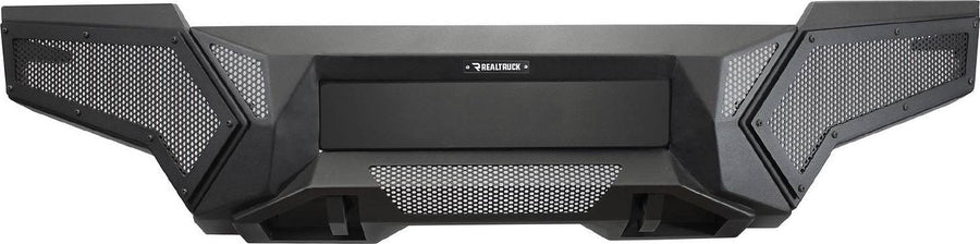 Go Rhino Element Front Bumper: Textured black front bumper with mesh side panels and a covered center, straight front view