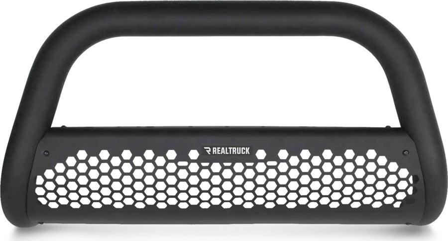 Go Rhino Charger RC2 Bull Bars: Textured black bull bar with perforated skid plate on white