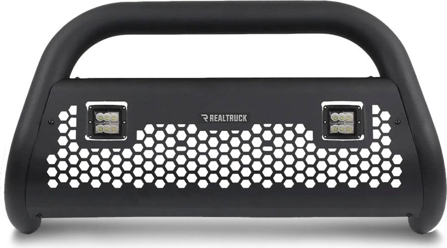Go Rhino Charger RC2 LR Bull Bars: Textured black bull bar with two cube lights in a perforated skid plate on white