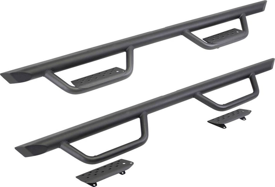 Go Rhino Dominator Xtreme D2 Side Steps: Pair of black tube side steps with two drop steps each and loose step pads on white