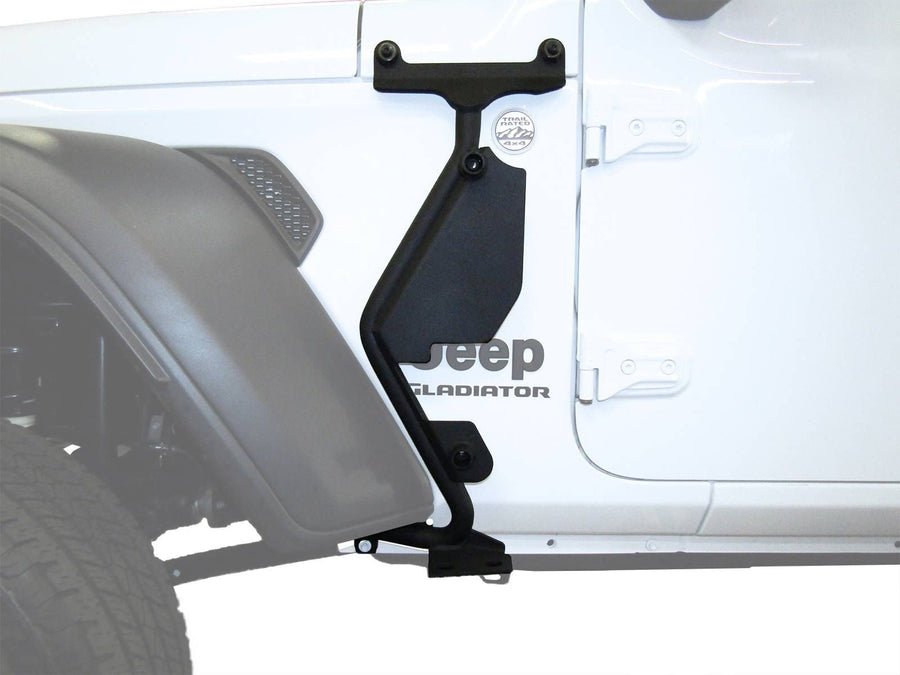 Go Rhino Exterior Jack Mount: Black jack mount bracket bolted to the cowl of a white Jeep Gladiator beside the fender flare