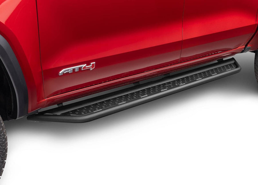 Go Rhino Dominator D6 Running Boards: Black side step under the doors of a red GMC Canyon AT4, low side view
