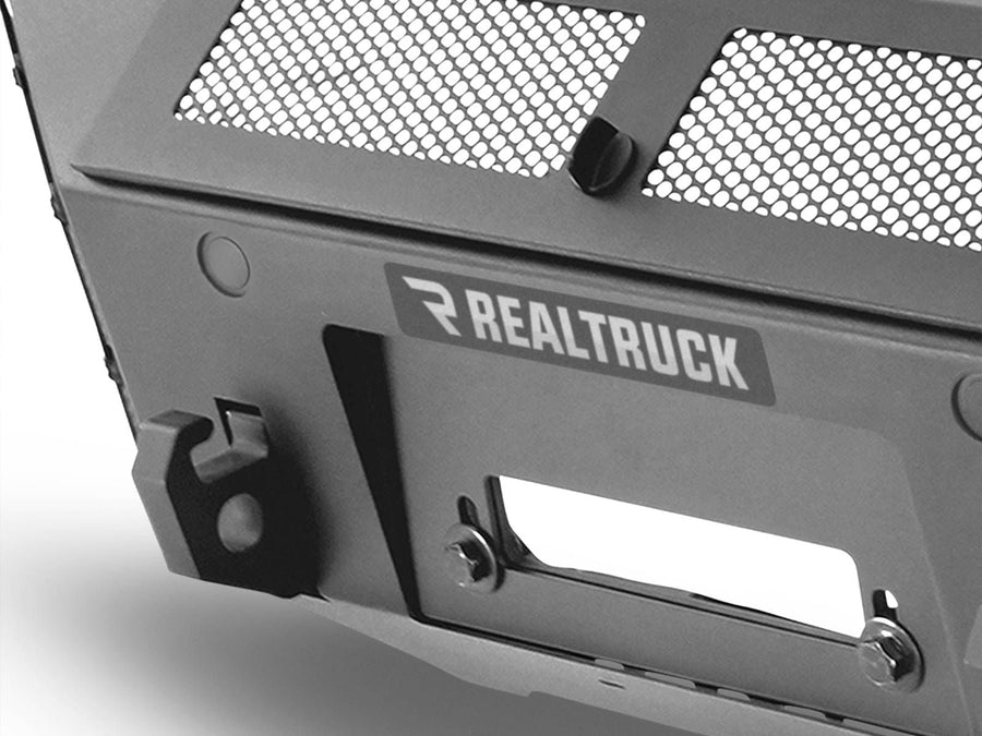 Go Rhino BR11 Front Winch Bumper: Close view of the bumper center section with fairlead opening, shackle mount and mesh panels