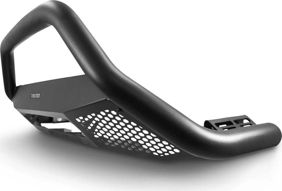 Go Rhino RC4 LR Bull Bar: Textured black bull bar seen from the side and rear showing mounting brackets and hex mesh skid panel on white