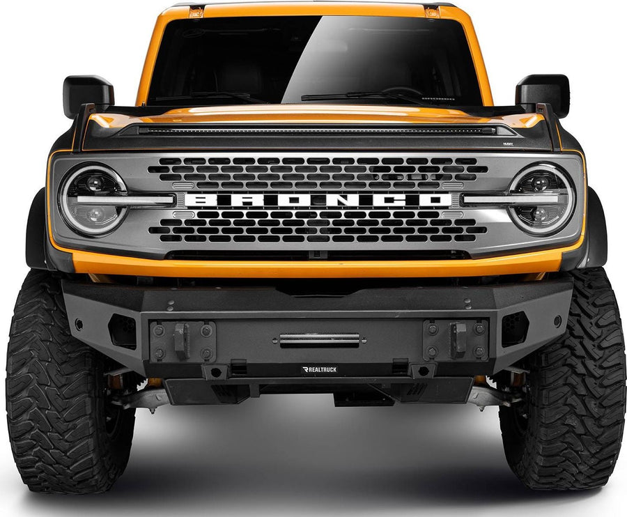 Go Rhino Trailline Full Width Front Bumper: Front view of a Ford Bronco with a full-width front bumper and center winch opening installed