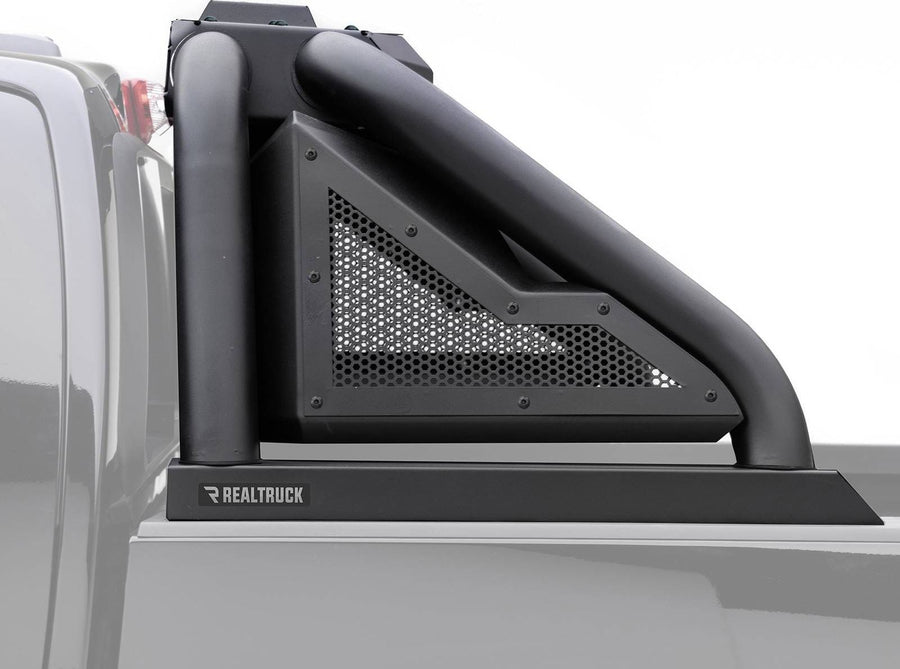 Go Rhino Sport Bar 2.0: Close view of the black sport bar side hoop and mesh panel on a faded silver pickup bed