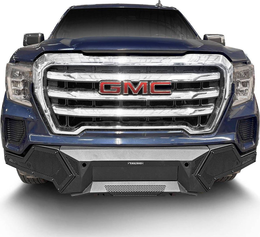 Go Rhino Element Front Bumper: Blue GMC Sierra 1500 front end fitted with a textured black mesh front bumper