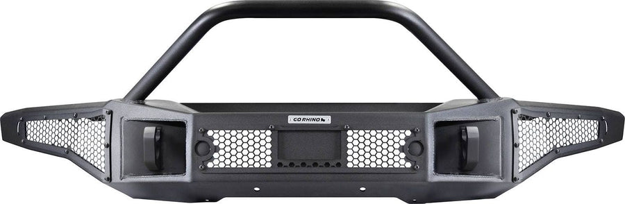Go Rhino Rockline Full-Width Front Winch Bumper with Overrider: Textured black full-width front bumper with overrider hoop, shackle mounts and hex mesh on white