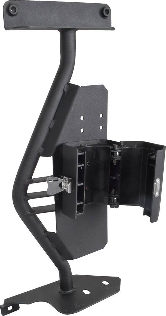 Go Rhino El Gato Jack Mount Kit: Black jack mount bracket with the base holder door swung open, white background