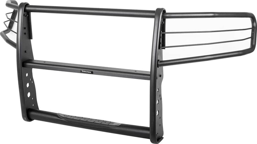 Go Rhino 3100 Series StepGuard: Black StepGuard grille guard with headlight brush guards, angled three-quarter view on white showing the side mounting uprights