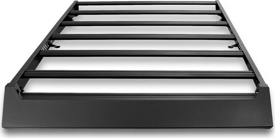 Go Rhino CEROS Low Profile Roof Rack: Black low profile platform roof rack with crossbars on white, rear view