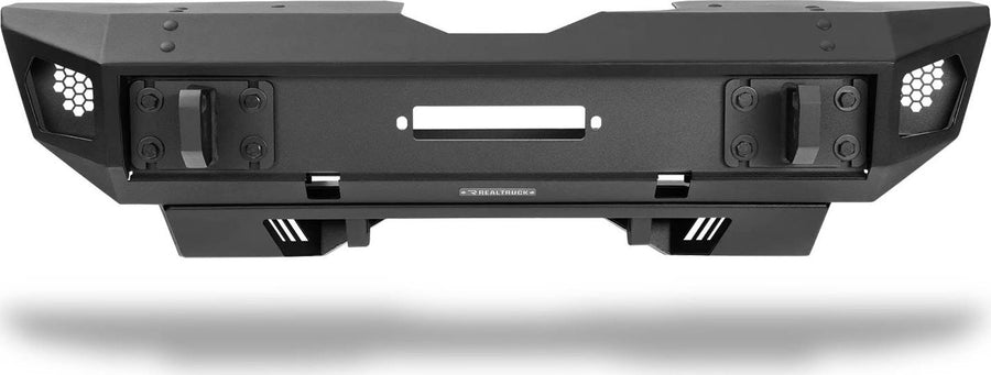 Go Rhino Trailline Stubby Front Bumper: Trailline stubby front bumper in textured black with center winch opening and honeycomb light pockets on a white background