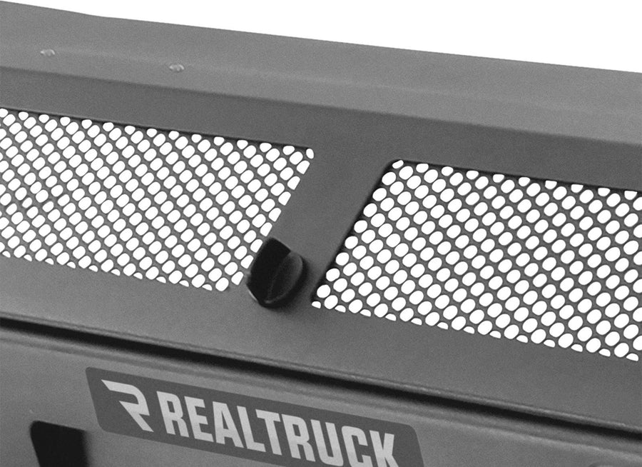 Go Rhino BR11 Front Winch Bumper: Close view of the bumper top edge with mesh inserts and light mounting tab