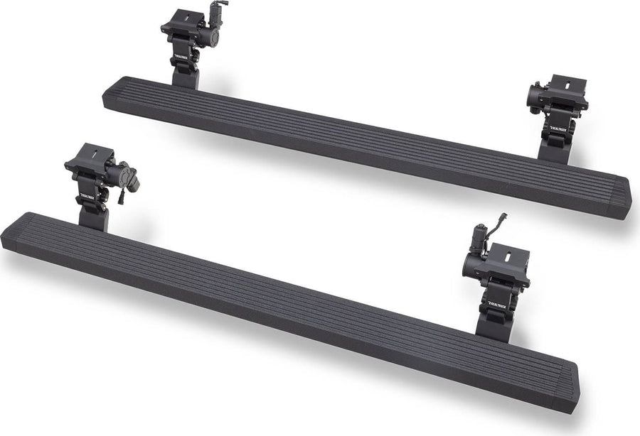 Go Rhino VoltStep Electric Running Boards: Pair of textured black power running boards with hinge arms on white