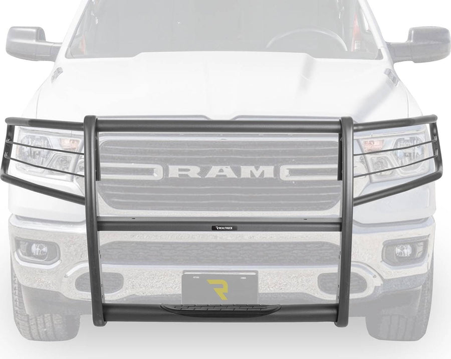 Go Rhino 3100 Series StepGuard: Black StepGuard with headlight brush guards mounted on the front of a ghosted white Ram 1500, front view