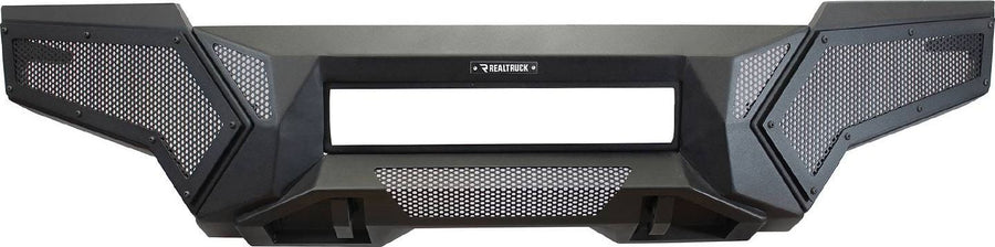 Go Rhino Element Front Bumper: Textured black front bumper with mesh side panels and an open center light bar slot, front view