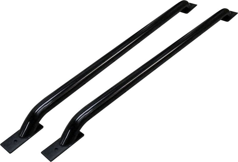 Go Rhino Truck Bed Rails: Pair of black tubular bed rails with flat mounting feet on a white background