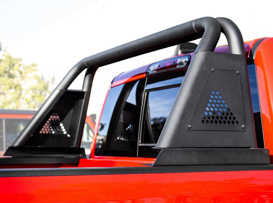 Go Rhino Sport Bar 3.0: Black sport bar with hex vent side posts on a red pickup bed