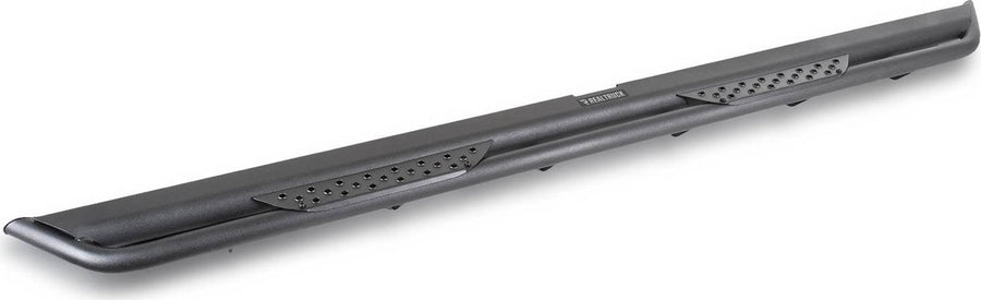 Go Rhino Dominator Xtreme DT Side Steps: Single textured black side step with perforated step pads, angled side view
