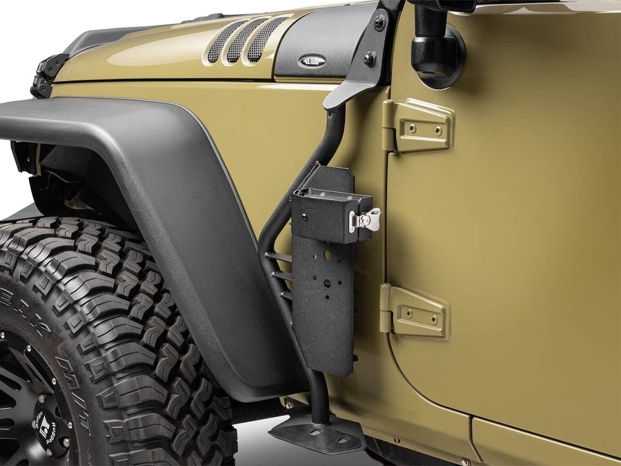 Go Rhino Exterior Jack Mount: Empty black jack mount with latched holder on the cowl of an olive Jeep Wrangler