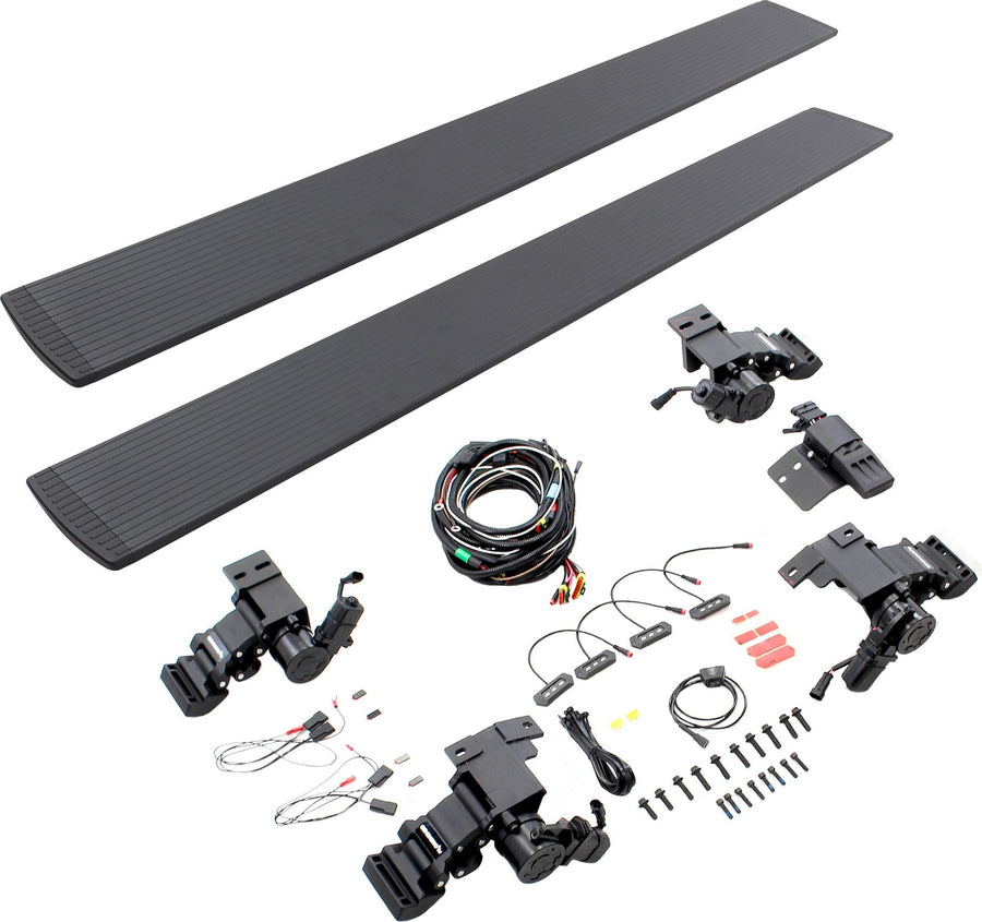 Go Rhino VoltStep Electric Running Boards: Power running board kit laid out on white: two black ribbed step boards, four motorised linkage arms, wiring harness, LED lights and mounting hardware