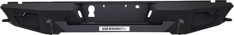 Go Rhino BR20.5 Rear Bumper: Textured black rear bumper with Go Rhino tag, straight-on view on white