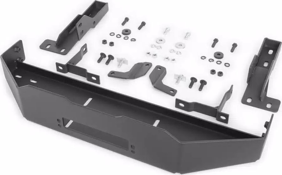 Go Rhino 3100 Series StepGuard: Black winch mount plate with side brackets and bolt hardware laid out on white