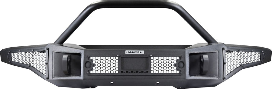 Go Rhino Rockline Full-Width Front Winch Bumper with Overrider: Black full-width winch bumper with prerunner hoop and mesh panels, front view on white