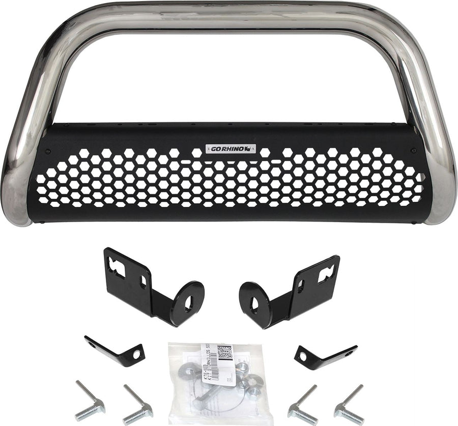 Go Rhino Charger RC2 Bull Bars: Polished stainless bull bar with black perforated skid plate, mounting brackets and hardware on white