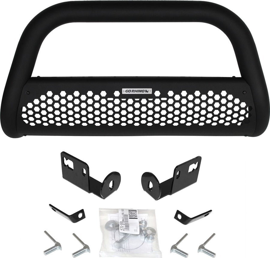Go Rhino Charger RC2 Bull Bars: Textured black bull bar with perforated skid plate, mounting brackets and hardware on white