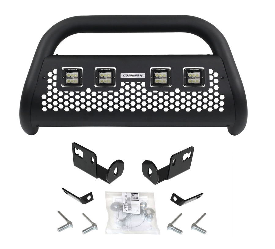 Go Rhino Charger RC2 LR Bull Bars: Textured black bull bar with four square LED lights in the cut-outs, brackets and hardware on white