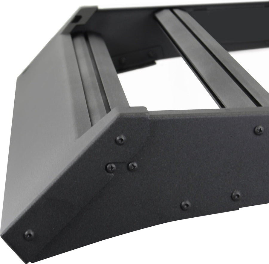 Go Rhino CEROS Low Profile Roof Rack: Close-up of a textured black low profile roof rack corner and crossbar