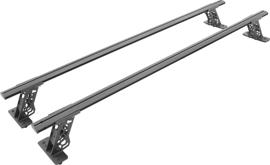 Go Rhino XRS Cross Bars: Pair of black cross bars with low adjustable towers on white