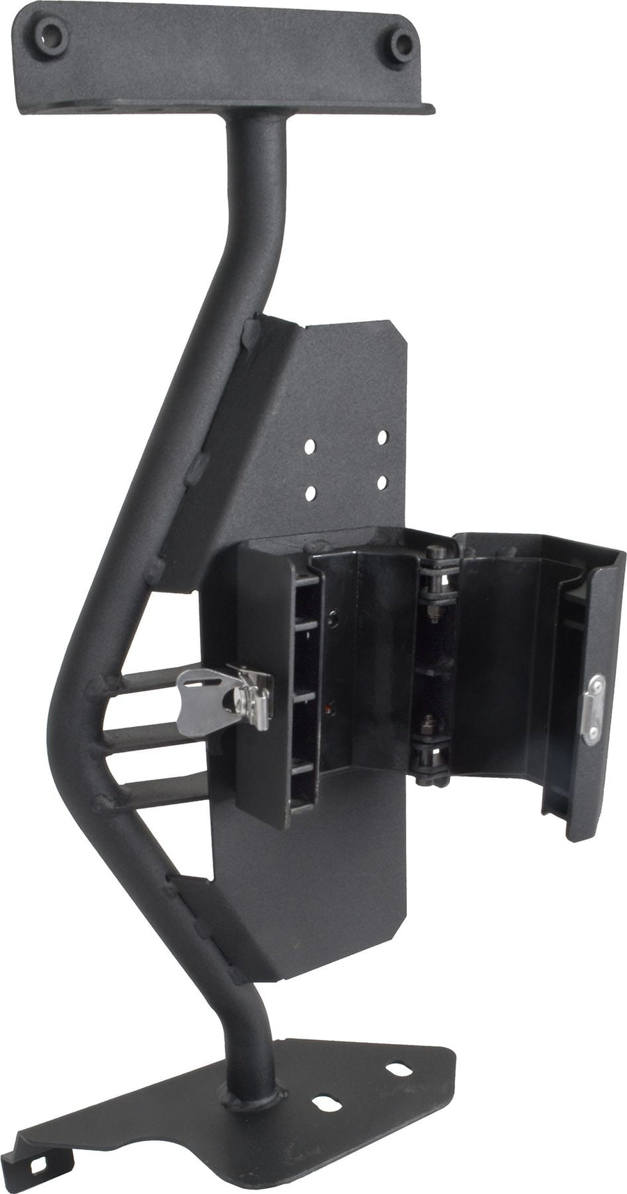 Go Rhino El Gato Jack Mount Kit: Black steel jack mount bracket with an open latching cradle on white