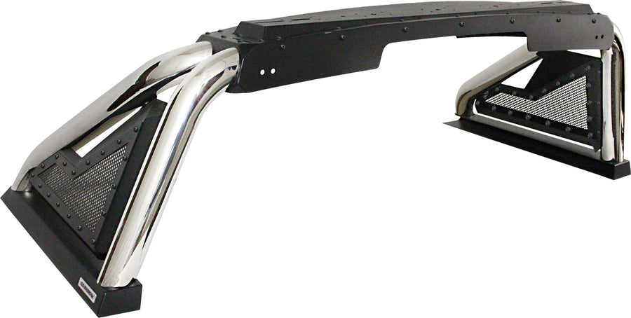 Go Rhino Sport Bar 2.0: Polished stainless sport bar with black top plate and mesh side panels on white