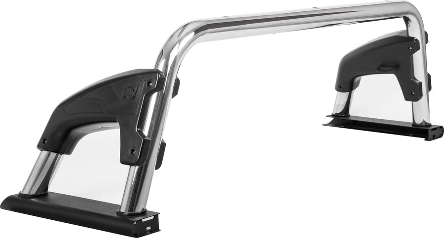 Go Rhino Sport Bar 4.0: Polished stainless sport bar hoop with black molded side mounts on white