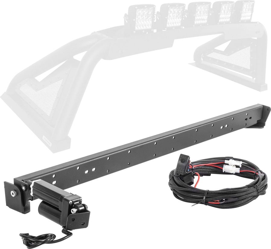 Go Rhino Sport Bar 2.0: Black actuator rail with motor and wiring harness in front of a faded sport bar on white