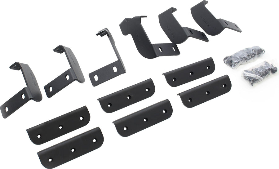 Go Rhino Dominator Xtreme D2 Side Steps: Set of black steel mounting brackets, flat plates and hardware bags laid out on white