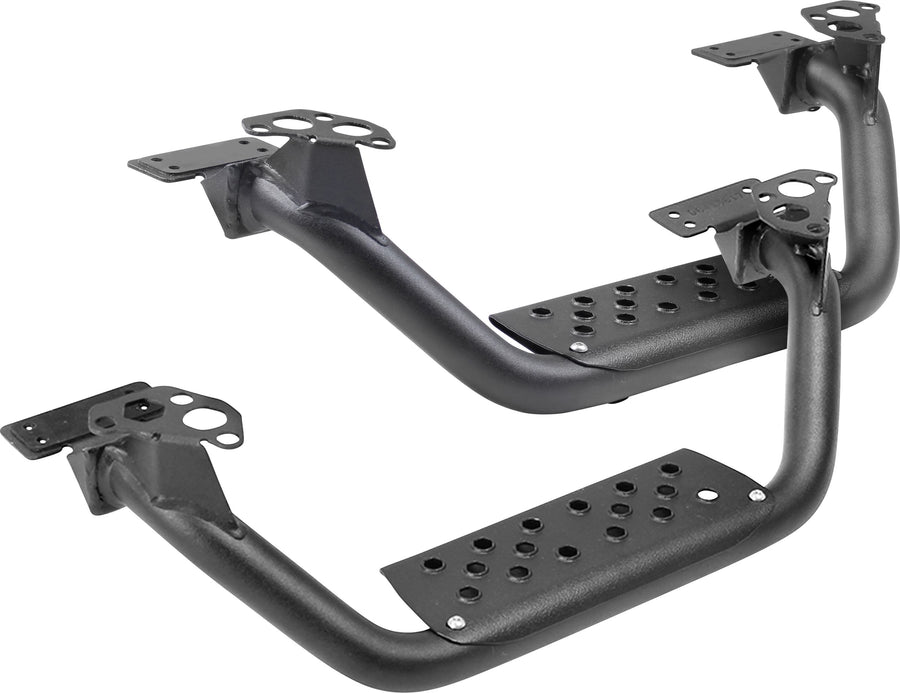 Go Rhino Dominator D6 Running Boards: Pair of black tubular hoop side steps with perforated step pads and mounting plates on white