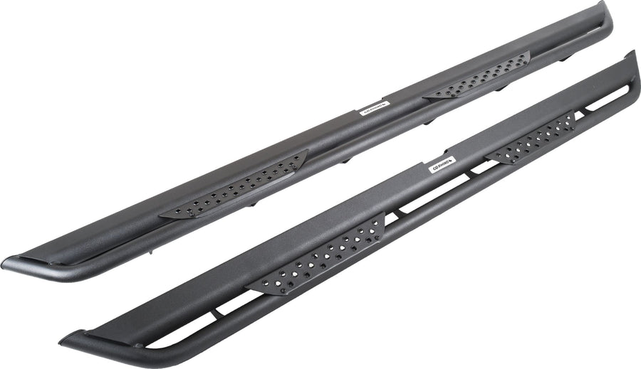 Go Rhino Dominator Xtreme DT Side Steps: Pair of black tube-frame side steps with two perforated step plates each on white