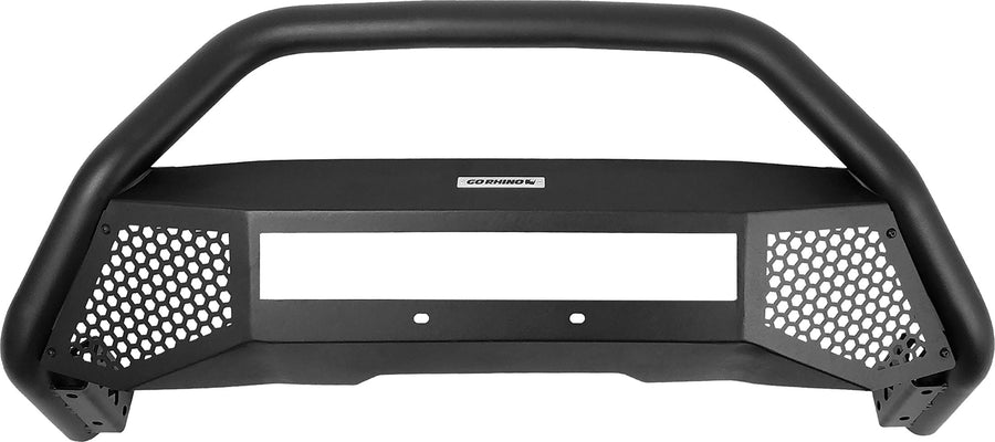 Go Rhino RC4 LR Bull Bar: Black tubular bull bar with a rectangular light bar opening and mesh side panels on white, front view