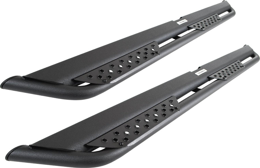 Go Rhino Dominator Xtreme DT Side Steps: Pair of black tube-frame side steps with perforated step plates and Go Rhino plates on white