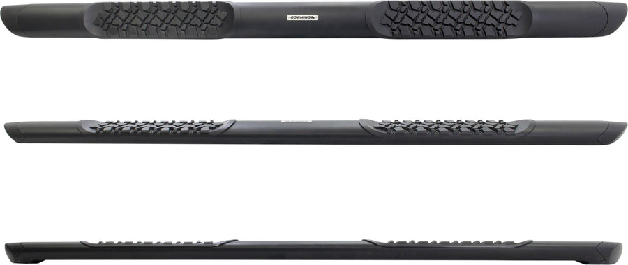 Go Rhino V-Series V3 Side Steps: One black side step with tire-tread pads shown in three views on white