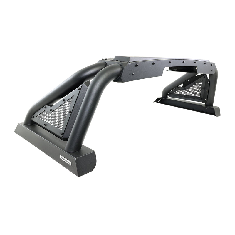 Go Rhino Sport Bar 2.0: black sport bar with flat perforated top plate and mesh side panels on white